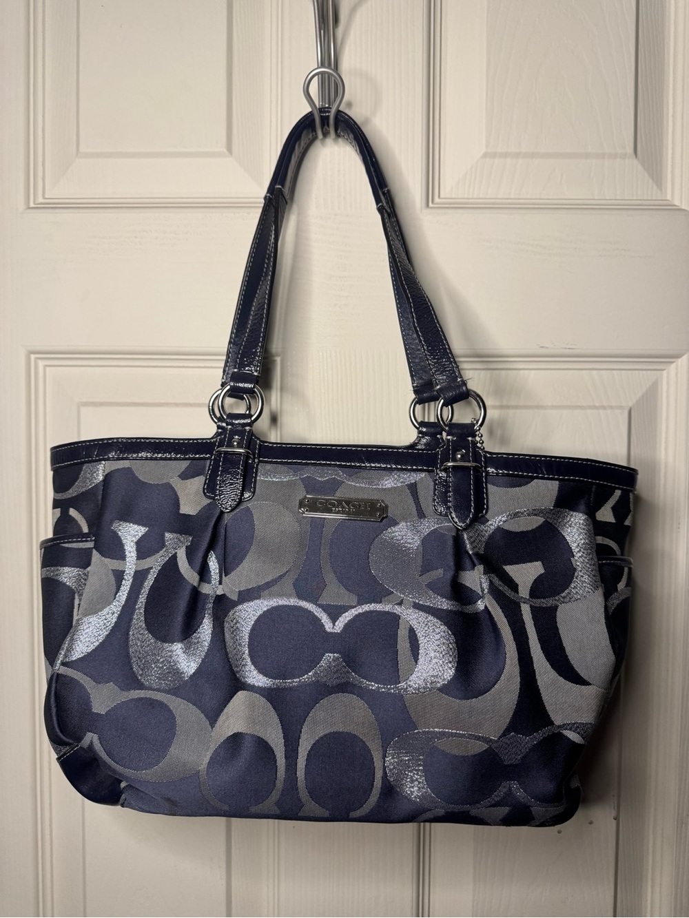Vintage Coach  Navy and Silver Logo Jacquard Tote